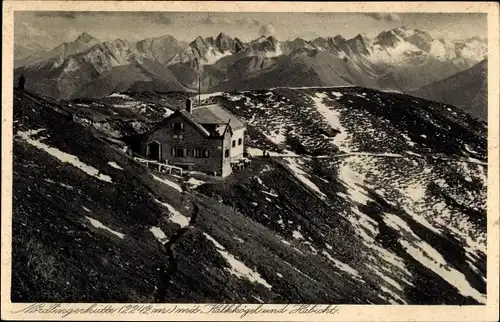 Ak Reith Seefeld Tirol, Nördlinger Hütte mit Kalkkögel und Habicht