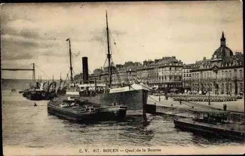 Ak Rouen Seine Maritime, Quai de la Bourse, Dampfschiff