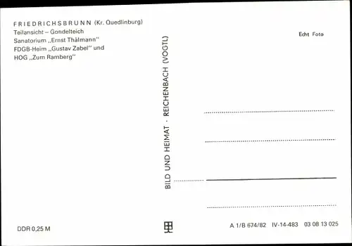 Ak Friedrichsbrunn Thale im Harz, Gondelteich, Sanatorium Ernst Thälmann, HOG Zum Ramberg
