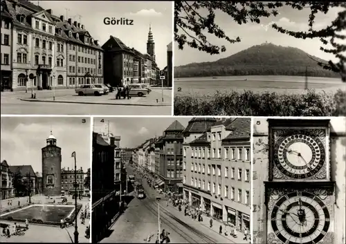 Ak Görlitz in der Lausitz, Leninplatz, Landeskrone, Marienplatz, Dicker Turm, Rathausuhren