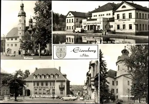 Ak Eisenberg in Thüringen, Rathaus, Platz d. Republik, Schlosskirche, Kreissparkasse