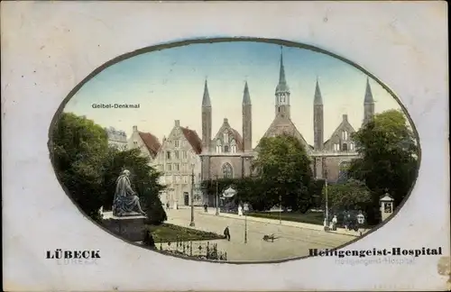 Passepartout Ak Hansestadt Lübeck, Heiligengeist-Hospital, Geibel-Denkmal