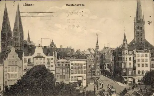Ak Hansestadt Lübeck, Holstenstraße, Giebelhäuser, St. Petri, St. Marien