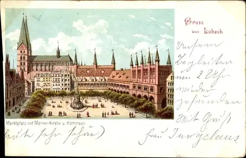 Litho Hansestadt Lübeck, Marktplatz mit Marienkirche und Rathaus