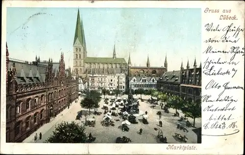 Ak Hansestadt Lübeck, Marktplatz, Rathaus, St. Marien, Postpalast