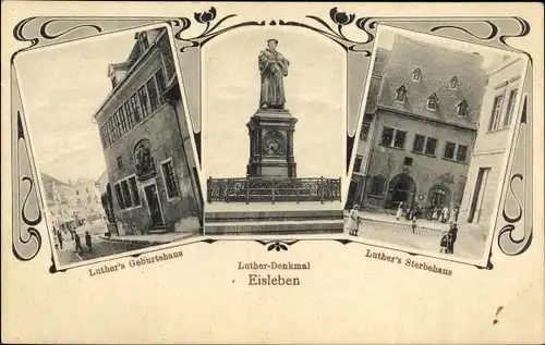 Jugendstil Ak Lutherstadt Eisleben, Luthers Geburtshaus, Denkmal, Sterbehaus