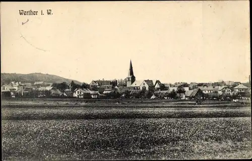 Ak Werther in Westfalen, Totalansicht der Ortschaft, Kirchturm, Feld