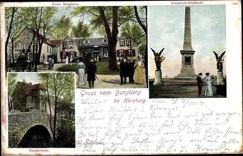 Ak Bad Harzburg am Harz, Burgberg, Bismarck Denkmal, Hotel Burgberg, Burgbrücke