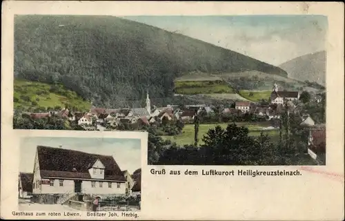 Ak Heiligkreuzsteinach am Neckar, Gasthaus zum roten Löwen, Blick auf den Ort