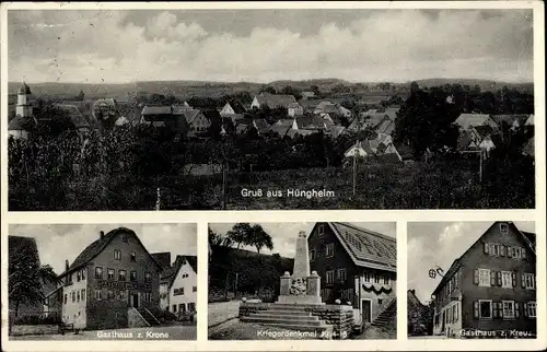 Ak Hüngheim Ravenstein in Baden, Kriegerdenkmal, Gasthaus zum Kreuz, zur Krone, Totalansicht