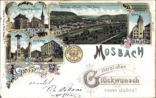 Litho Mosbach am Odenwald, Glückwunsch Neujahr, Stadtsiegel, Rathaus, Palmsches Haus, Totale