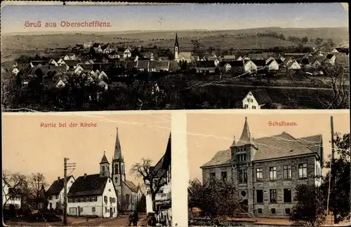 Ak Oberschefflenz Schefflenz in Baden, Kirche, Schulhaus, Totalansicht