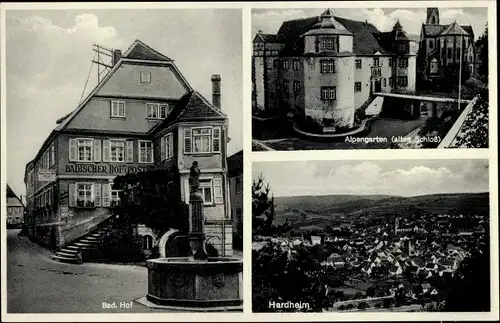 Ak Hardheim im Odenwald Baden, Hotel Badischer Hof, Alpengarten, Blick auf den Ort