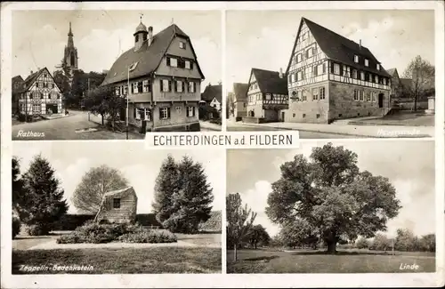 Ak Echterdingen auf den Fildern, Hauptstraße, Rathaus, Zeppelin Gedenkstein, Linde