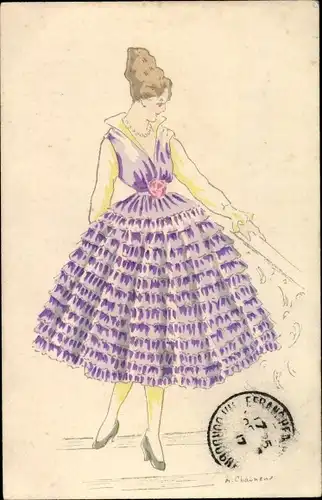 Künstler Ak Frau in knielangem lila Rüschenkleid
