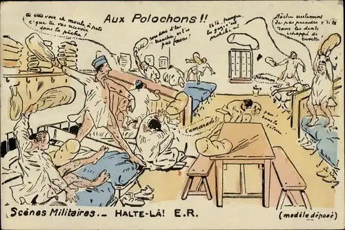 Ak Scenes Militaires, Halte La, Aux Polochons, französische Soldaten