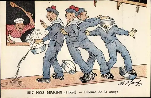 Künstler Ak Nos Marins a bord, l'heure de la soupe, französische Seeleute, Koch