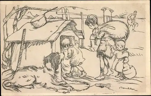 Künstler Ak Poulbot, Francisque, Kinder ziehen in eine Hundehütte