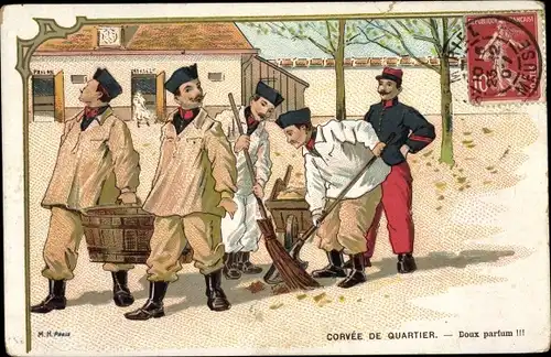 Ak Corvee de Quartier, doux parfum, französische Soldaten mit Besen
