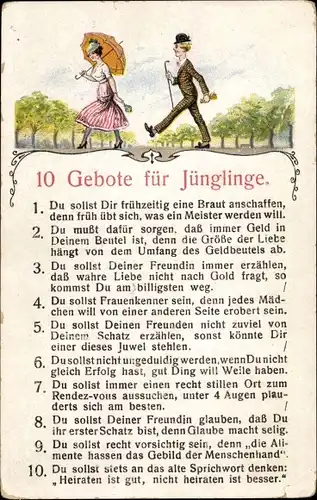 Ak 10 Gebote für Jünglinge, Du sollst Dir frühzeitig eine Braut anschaffen