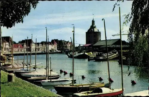 Ak Enkhuizen Nordholland Niederlande, Dijk met Drommedaris, Boote