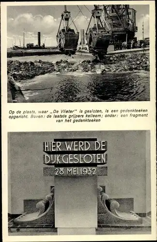 Ak Niederlande, Op de plaats, waar De Vlieter is gesloten, Deichschluss, Baggerschiff, Denkmal, 1932