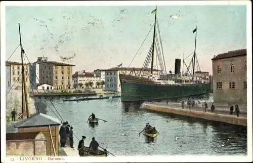 Ak Livorno Toscana, Darsena, Dampfschiff, Ruderboote