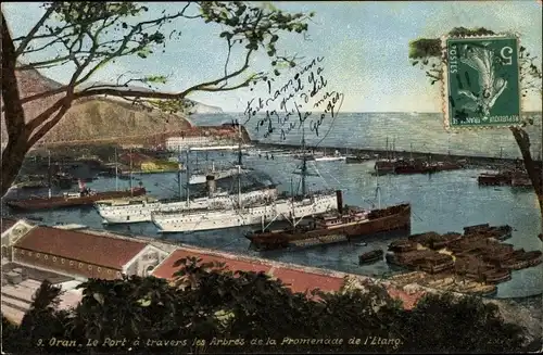 Ak Oran Algerien, Le Port a travers les Arbres de la Promenade de l'Etang