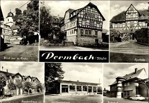 Ak Dermbach in der Röhn Thüringen, Bahnhof, Apotheke, Krankenhaus, Kirche, Landwarenhaus