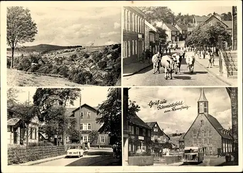 Ak Schmiedefeld am Rennsteig Suhl Thüringen, Kirche, Straßenpartie, Panorama