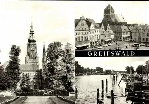 Ak Hansestadt Greifswald, Rubenow Denkmal, St. Nikolaikirche, Markt, Fischereihafen