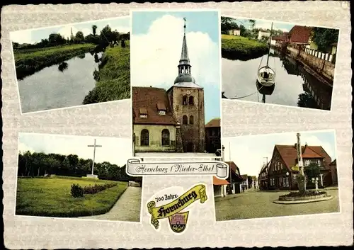 Ak Horneburg im Alten Land, verschiedene Ansichten, Kirche, Marktplatz, Segelboot im Hafen