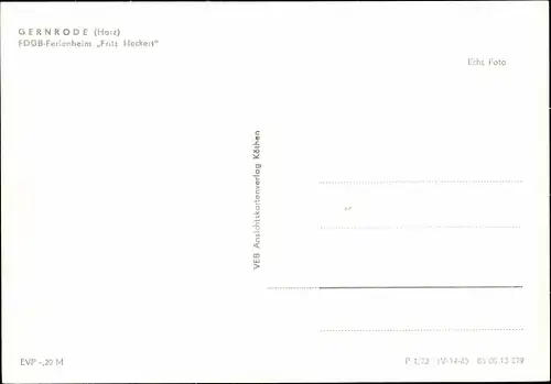 Ak Gernrode Quedlinburg im Harz, FDGB Ferienheim Fritz Heckert