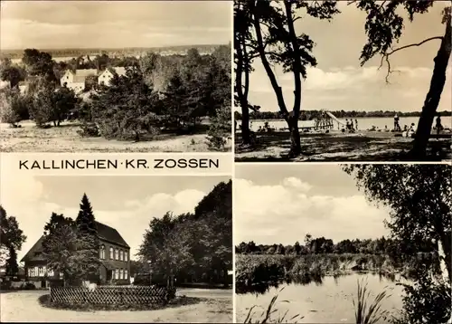 Ak Kallinchen Zossen im Kreis Teltow Fläming, Ort im Wald Vogelschau, Strandbad, Kreisverkehr, See