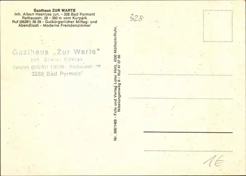 Ak Bad Pyrmont in Niedersachsen, Gasthof zur Warte, Aussen- und Innenansicht