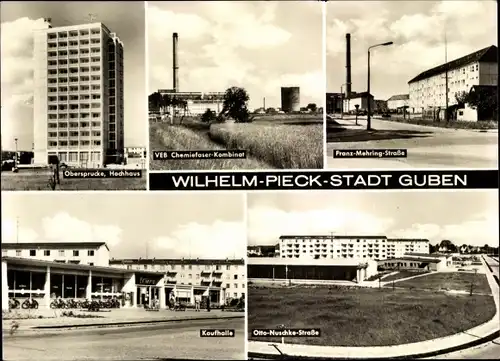 Ak Guben in der Niederlausitz, Obersprucke, Hochhaus, VEB Chemiefaser Kombinat, Kaufhalle