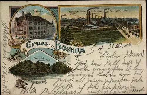 Litho Bochum im Ruhrgebiet, Bochumer Verein für Bergbau, Gussstahlfabriken, Bergschule, Stadtpark