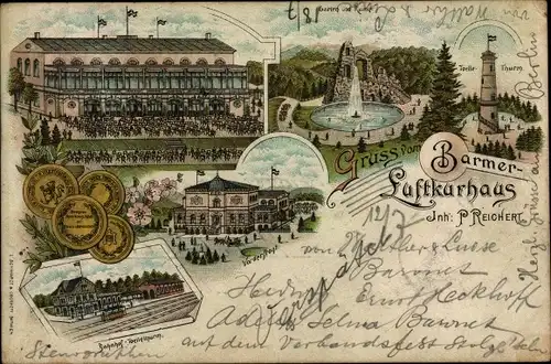 Litho Barmen Wuppertal, Barmer Luftkurhaus, Aussichtsturm, Bahnhof, Gleisseite