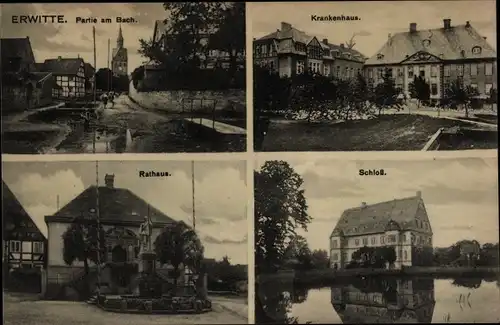 Ak Erwitte in Westfalen, Krankenhaus, Schloss, Rathaus, Partie am Bach