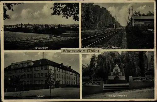 Ak Wintersdorf Meuselwitz in Thüringen, Bahnhof, Gleisseite, Kriegerdenkmal, Schule, Totalansicht