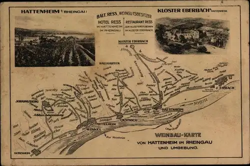 Landkarten Ak Hattenheim Eltville am Rhein Hessen, Weinbaukarte, Hotel Ress, Kloster Eberbach