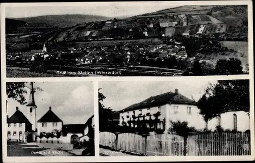 Ak Stetten Karlstadt am Main Unterfranken, Blick auf den Ort, Schulhaus, Kirche