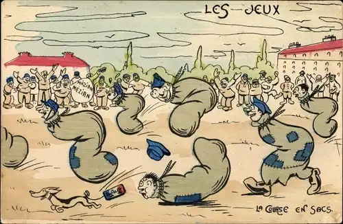 Ak Les Jeux, la Course en Sacs, französische Soldaten beim Sackhüpfen