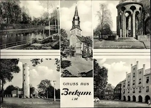 Ak Beckum in Westfalen, Westpark, Kriegerdenkmal, Rathaus, Höxberg, Aussichtsturm, Kirche
