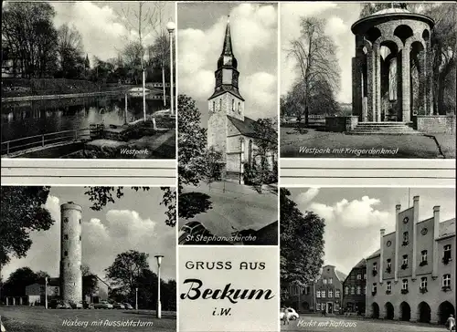 Ak Beckum in Westfalen, Westpark, Kriegerdenkmal, Rathaus, Höxberg, Aussichtsturm, Kirche