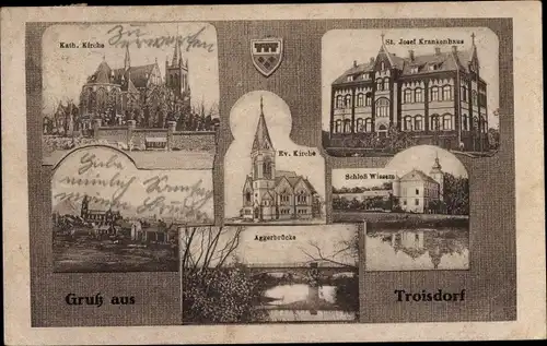 Ak Troisdorf a. d. Sieg, Kath. Kirche, St. Josef Krankenhaus, Ev. Kirche, Schloss Wissem,Aggerbrücke