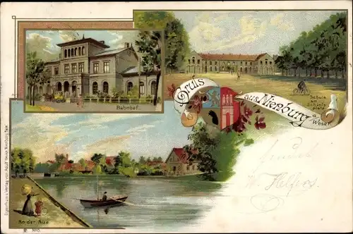 Litho Nienburg an der Weser, Schule am Schlossplatz, Bahnhof, An der Aue, Wappen