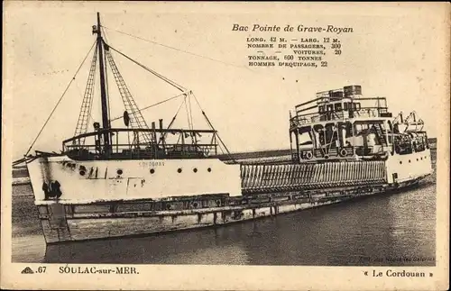 Ak Soulac sur Mer Gironde, Bac Pointe de Grave Royan, Dampfschiff Le Cordouan