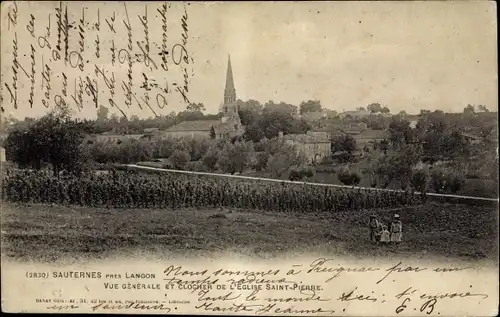 Ak Sauternes Gironde, Vue Generale, Clocher de l'Eglise Saint Pierre