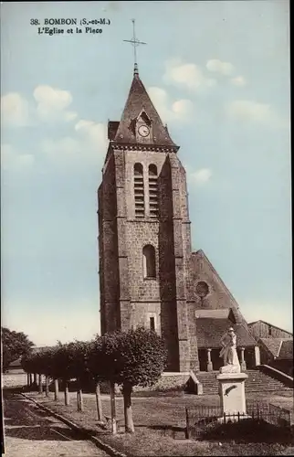 Ak Bombon Seine et Marne, L'Eglise, La Place